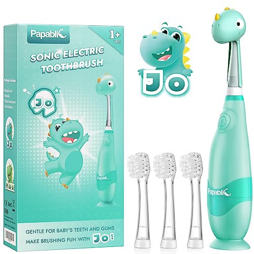 Papablic Toddler Sonic Electric Toothbrush Kids for Ages 1-3 Years, Baby Electric Toothbrush with Cute Dino Cover and Smart LED Timer, 4 Brush Heads (Jo) - Image 1