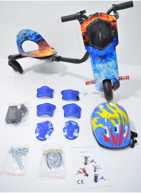 Electric Scooter Drift Small with a Power of 36 Volts with a Helmet Protection for the Knees Elbows and Wrists. It has Two Esper Keys and Wonderful Lighting Under the Seat and From the Front
