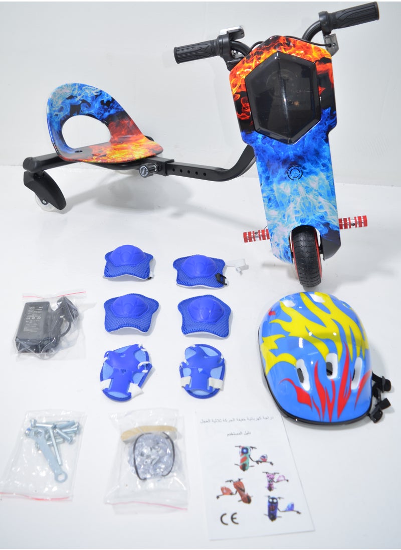 Electric Scooter Drift Small with a Power of 36 Volts with a Helmet Protection for the Knees Elbows and Wrists. It has Two Esper Keys and Wonderful Lighting Under the Seat and From the Front