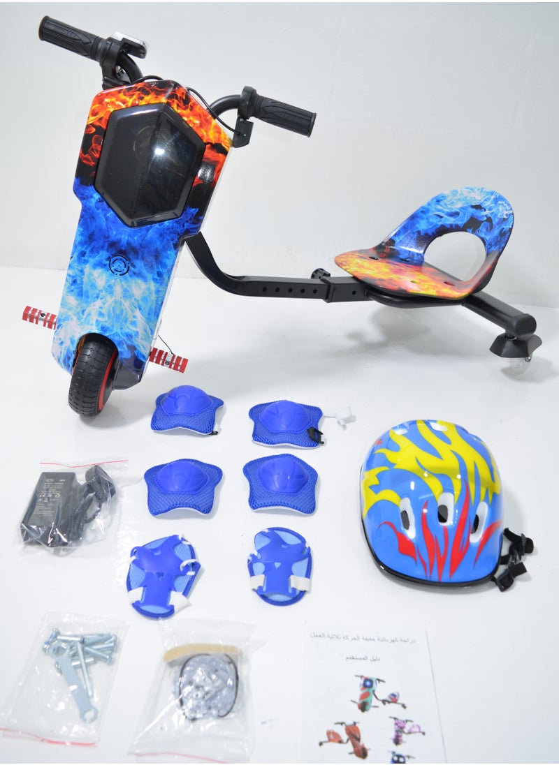Electric Scooter Drift Small with a Power of 36 Volts with a Helmet Protection for the Knees Elbows and Wrists. It has Two Esper Keys and Wonderful Lighting Under the Seat and From the Front