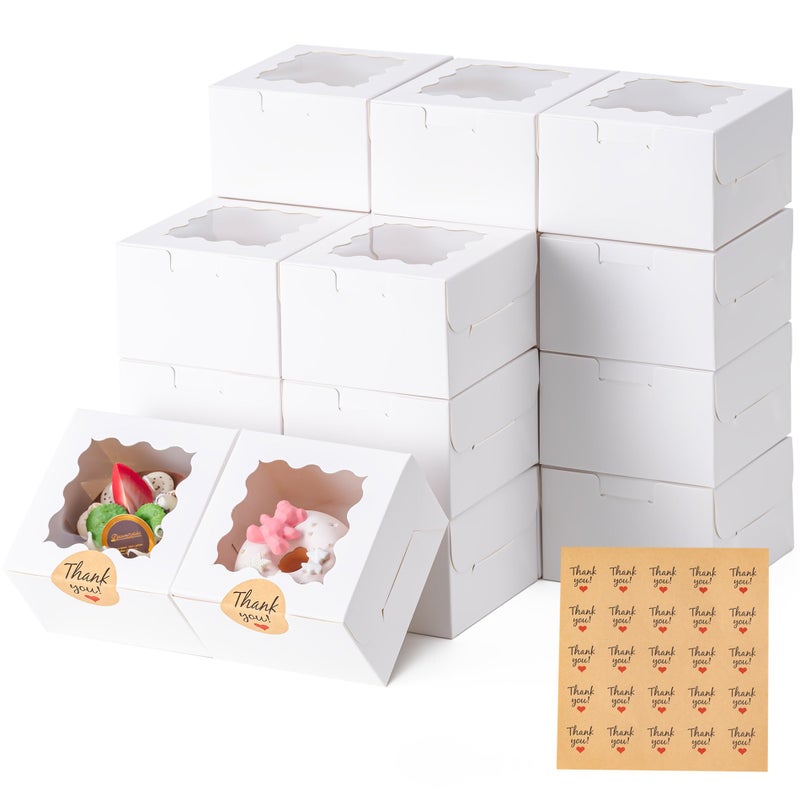 Hoewina 20pcs Cookie Boxes with Window, 4x4x2.5 Inches Bakery Boxes with 25pcs Stickers for Cookies, Bakery, Desserts, Candy, Chocolate Covered Strawberries, Mini Cake (White) - Image 1