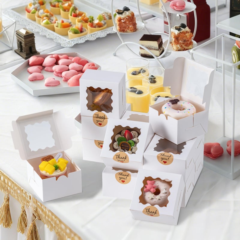 Hoewina 20pcs Cookie Boxes with Window, 4x4x2.5 Inches Bakery Boxes with 25pcs Stickers for Cookies, Bakery, Desserts, Candy, Chocolate Covered Strawberries, Mini Cake (White) - Image 5