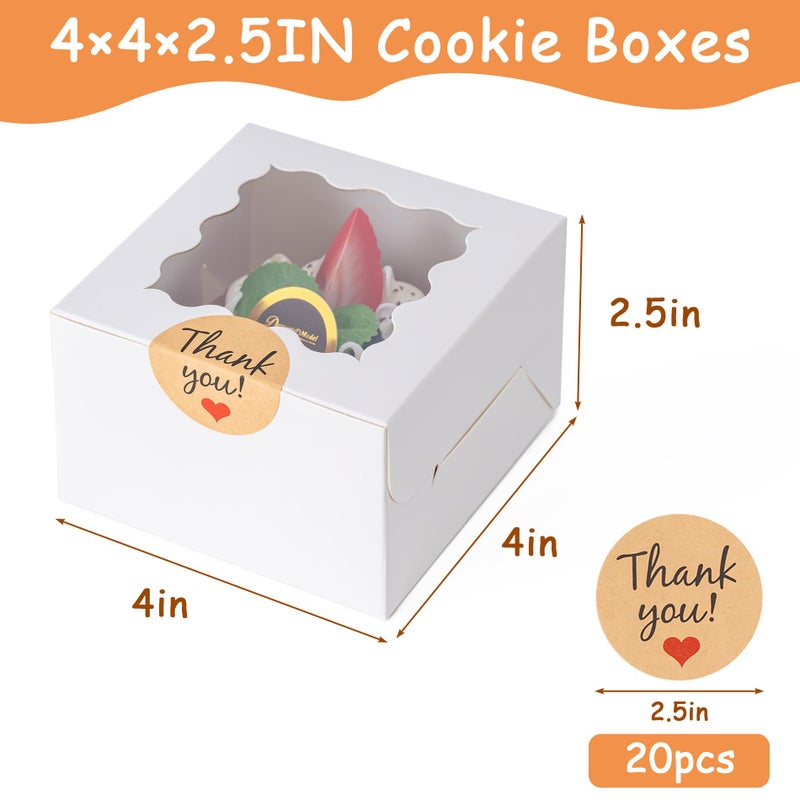 Hoewina 20pcs Cookie Boxes with Window, 4x4x2.5 Inches Bakery Boxes with 25pcs Stickers for Cookies, Bakery, Desserts, Candy, Chocolate Covered Strawberries, Mini Cake (White) - Image 2
