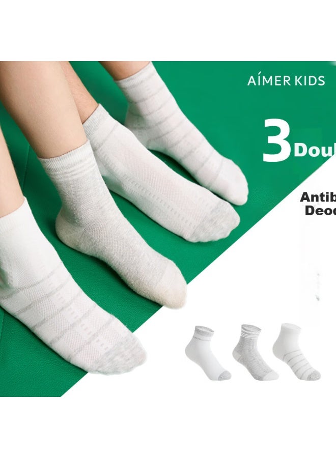 Aimer Kids Summer Socks, Antibacterial, Sweat-wicking, Odor-resistant, For Boys And Girls, Short Socks, 3-pack, Gray-white, For Feet 16-18 CM Long, Ages 4-6 - Image 1