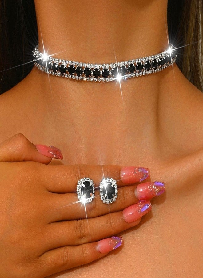 CLOACE Rhinestone Bridal Wedding Jewelry Set Sparkly Chocker Necklaces Earrings Prom Jewelry Accessories for Women (Black) - Image 4