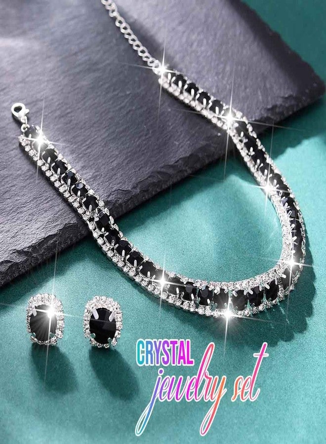 CLOACE Rhinestone Bridal Wedding Jewelry Set Sparkly Chocker Necklaces Earrings Prom Jewelry Accessories for Women (Black) - Image 2