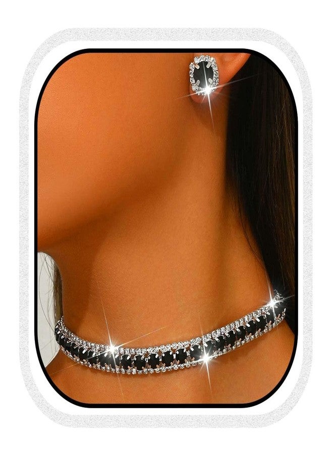 CLOACE Rhinestone Bridal Wedding Jewelry Set Sparkly Chocker Necklaces Earrings Prom Jewelry Accessories for Women (Black) - Image 1