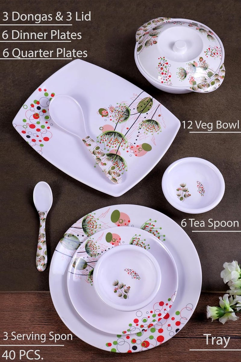 HomePro 40 Pieces Melamine Dinner Set Everyday Elegant Stain Resistant Beautiful Green Red Unique Design Crockery Dinnerware in Exclusive Square Shape Set for Your Home Kitchen and Gifting - Image 2