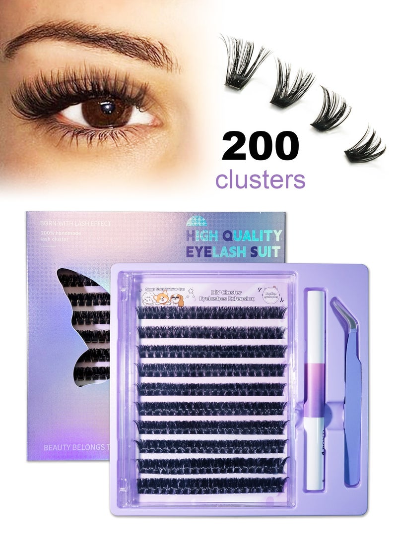 Twinkseal DIY Lash Clusters Kit with Glue & Tweezers, 200 Clusters 3D Curl Mixed Lengths, Large Volume Self-Application False Eyelashes, Comfortable Wear, Reusable - Image 1