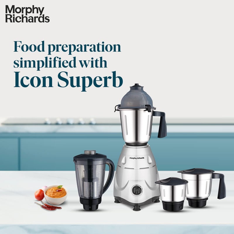 Morphy Richards Icon Superb 750 Watts Mixer Grinder| 4 Stainless Steel Mixer Jars including Juicer Jar| 3-Speed Control with Pulse Effect| 1-Yr Warranty by Brand| Silver & Black - Image 2