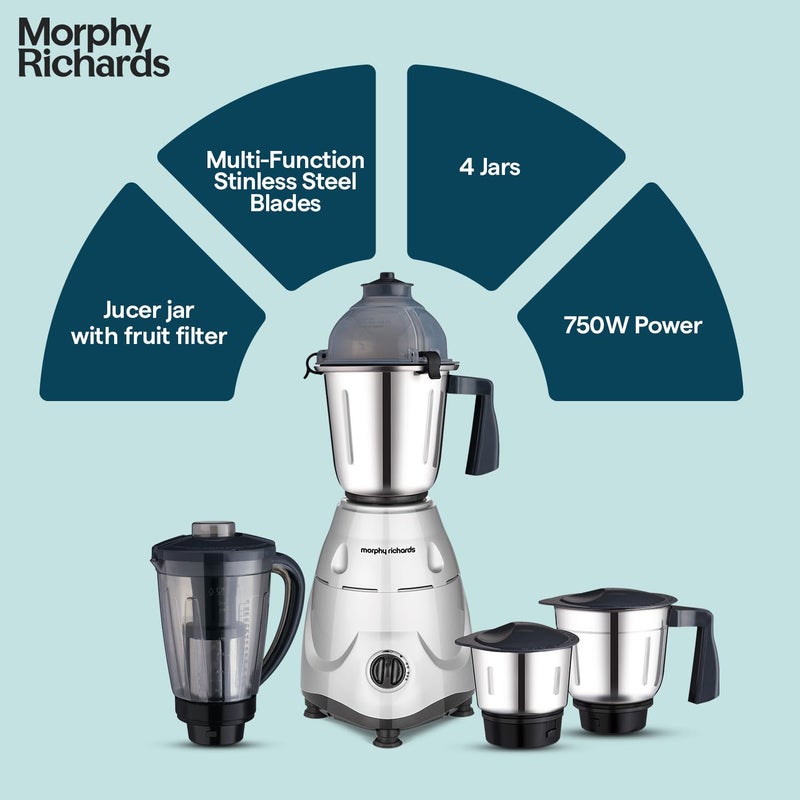 Morphy Richards Icon Superb 750 Watts Mixer Grinder| 4 Stainless Steel Mixer Jars including Juicer Jar| 3-Speed Control with Pulse Effect| 1-Yr Warranty by Brand| Silver & Black - Image 4