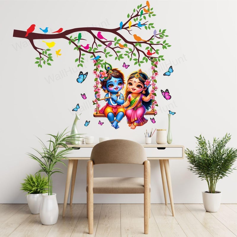 ARS PVC Vinyl Tree and Flowers Branch Leaves Radha Krishna Self-Adhesive Wall Sticker for Home Decor/Decoration - Living Room, Bedroom, Kids Room (Multicolor, Size: 89X73 Cm) Multicolour) - Image 2