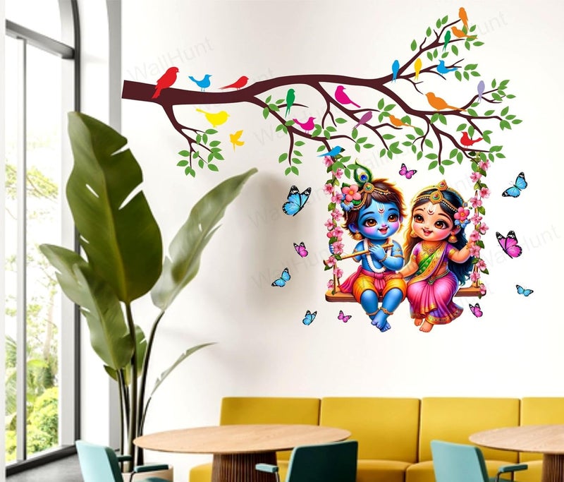 ARS PVC Vinyl Tree and Flowers Branch Leaves Radha Krishna Self-Adhesive Wall Sticker for Home Decor/Decoration - Living Room, Bedroom, Kids Room (Multicolor, Size: 89X73 Cm) Multicolour) - Image 1