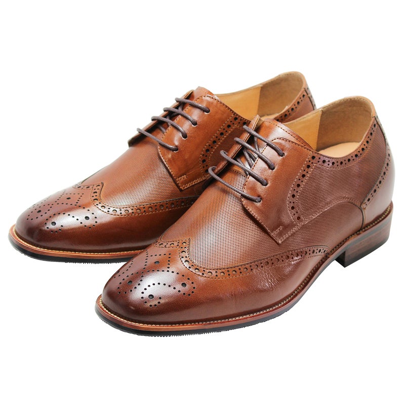 CALTO Men's Invisible Height Increasing Elevator Shoes - Brown Premium Leather Wing-tip Lace-up Formal Oxfords - 3 Inches Taller - Y10652 - Size 9 D(M) US - Image 3