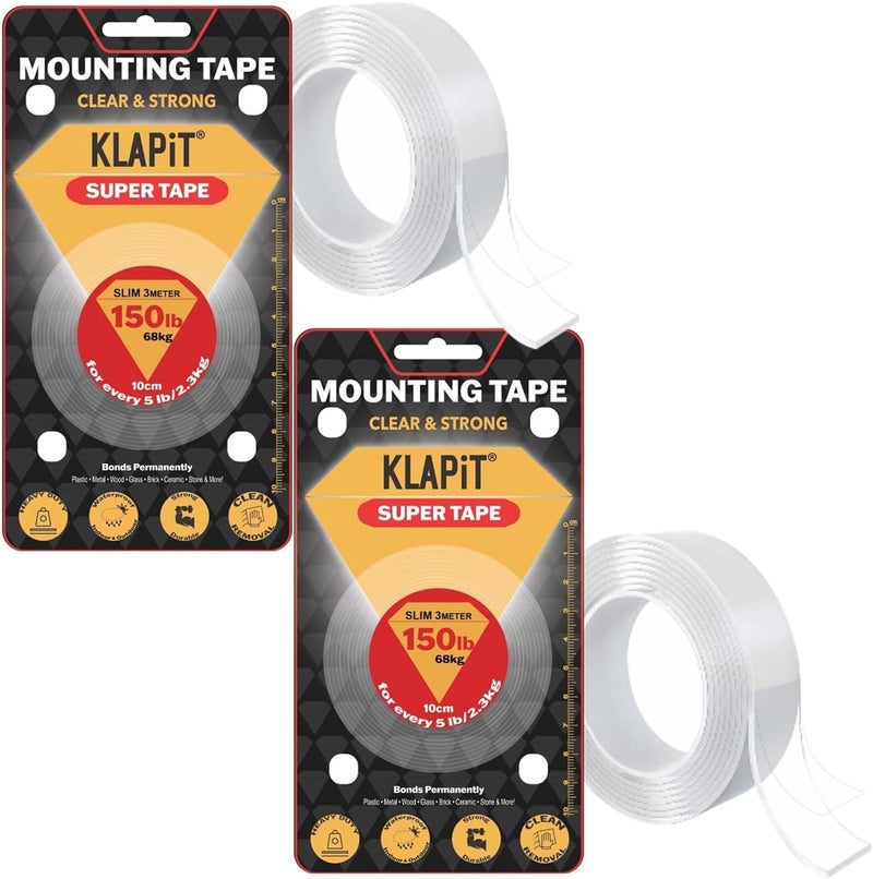 كلابيت سوبر تاب، شريط لاصق مزدوج الجوانب، مقاوم للتآكل، يتحمل وزنًا يصل إلى 150 رطلاً أو 68 كجم، بتقنية النانو المُحسّنة. شريط لاصق شفاف للجدران، والخشب، والبلاط، والحجر، والزجاج، والمعادن، والأكريليك (عبوة من قطعتين). - Image 1