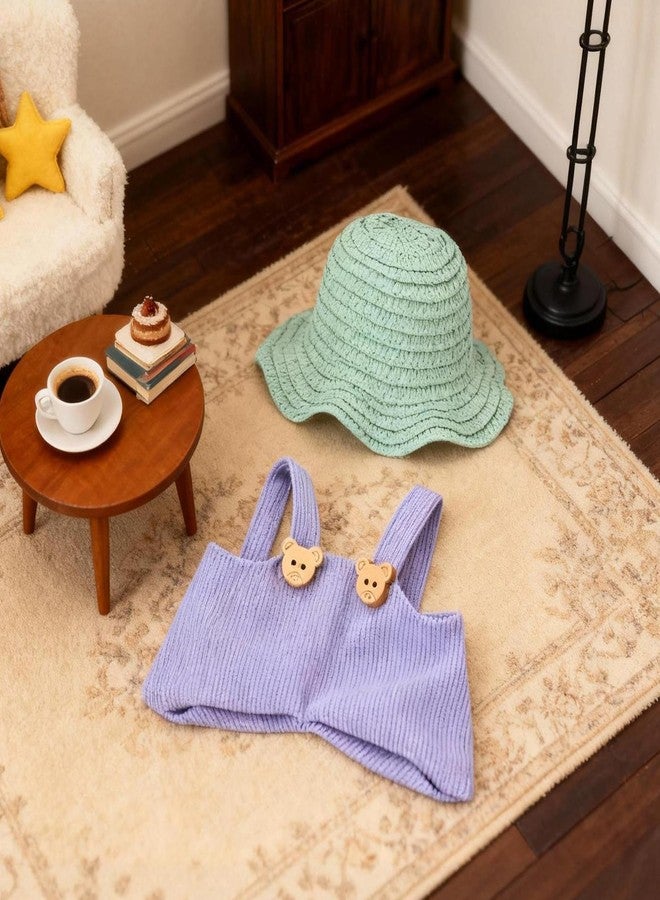 Evowatt 2-Piece Clothing Set for Labubu 17cm Doll Clothing - 17cm Outfit with Green Straw Hat & Corduroy Overalls _Purple(Doll Not Included) - Image 5