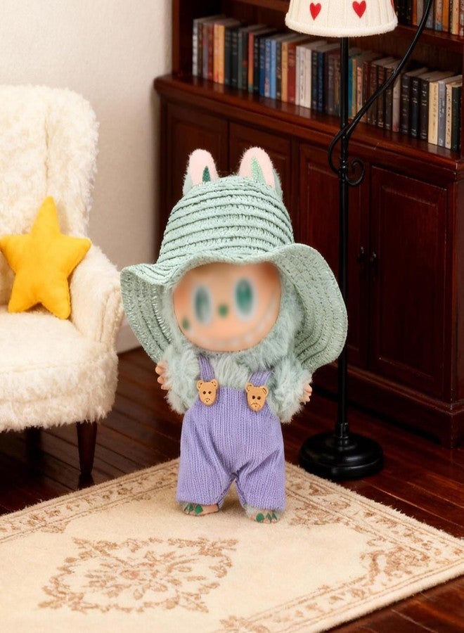 Evowatt 2-Piece Clothing Set for Labubu 17cm Doll Clothing - 17cm Outfit with Green Straw Hat & Corduroy Overalls _Purple(Doll Not Included) - Image 4