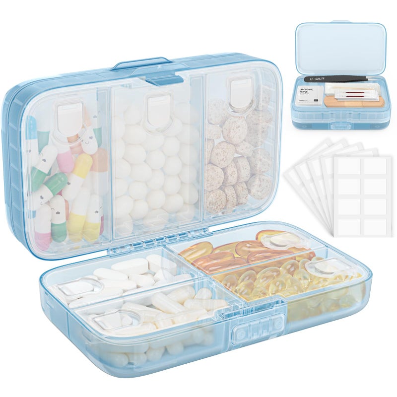 FYY Weekly Pill Organizer with Labels,8 Compartments Travel Daily Pill Case Airtight Moistureproof Large Pill Box to Hold Vitamins, Fish Oil, Supplements,Cotton Swab and Bandages-Blue - Image 1