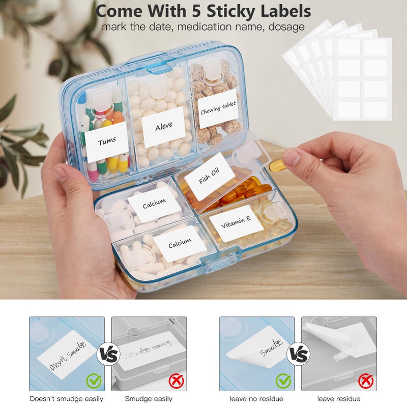 FYY Weekly Pill Organizer with Labels,8 Compartments Travel Daily Pill Case Airtight Moistureproof Large Pill Box to Hold Vitamins, Fish Oil, Supplements,Cotton Swab and Bandages-Blue - Image 5
