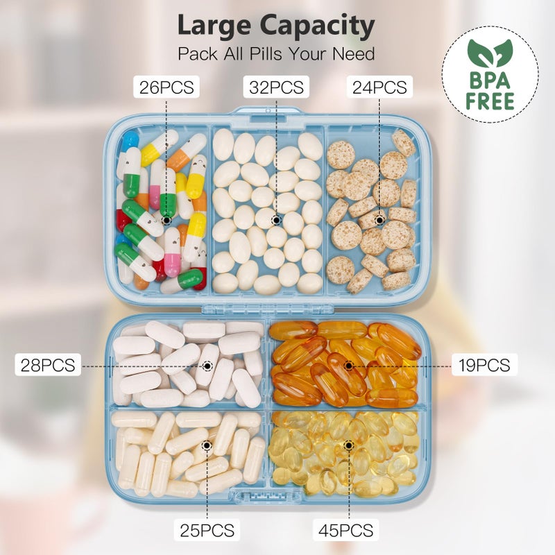 FYY Weekly Pill Organizer with Labels,8 Compartments Travel Daily Pill Case Airtight Moistureproof Large Pill Box to Hold Vitamins, Fish Oil, Supplements,Cotton Swab and Bandages-Blue - Image 3