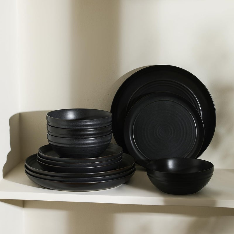 Stone Lain Elio 12Piece Dinnerware Set Stoneware Plates and Bowls Set Dish Set for 4 Black - Image 3