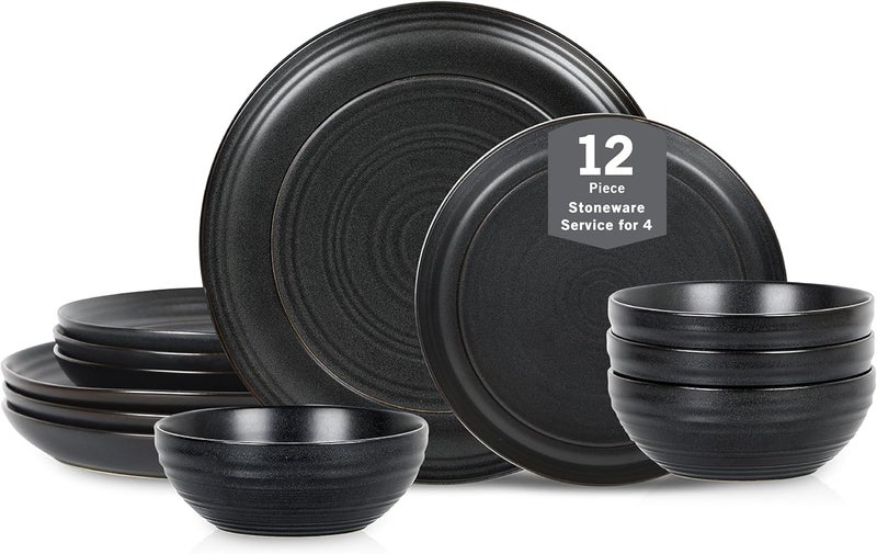Stone Lain Elio 12Piece Dinnerware Set Stoneware Plates and Bowls Set Dish Set for 4 Black - Image 1
