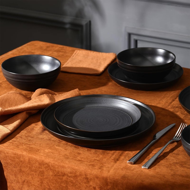 Stone Lain Elio 12Piece Dinnerware Set Stoneware Plates and Bowls Set Dish Set for 4 Black - Image 4