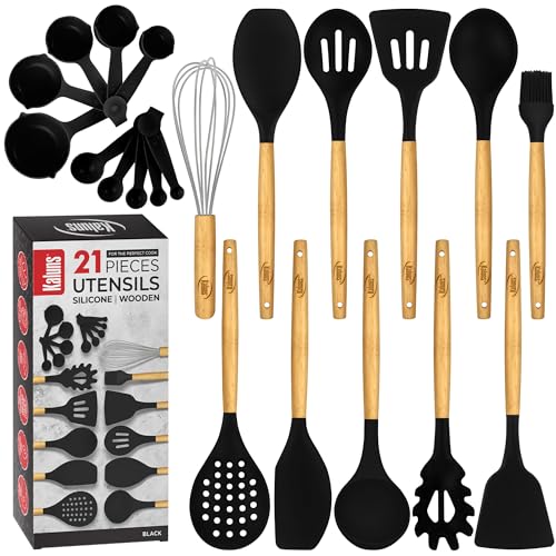Kaluns Premium Non Stick Silicone Cooking Utensils Set - 21 Pcs Wooden Handle Silicone Spatula Set - 446F Heat Resistant - Kitchen Gadgets Home Essentials - Image 1
