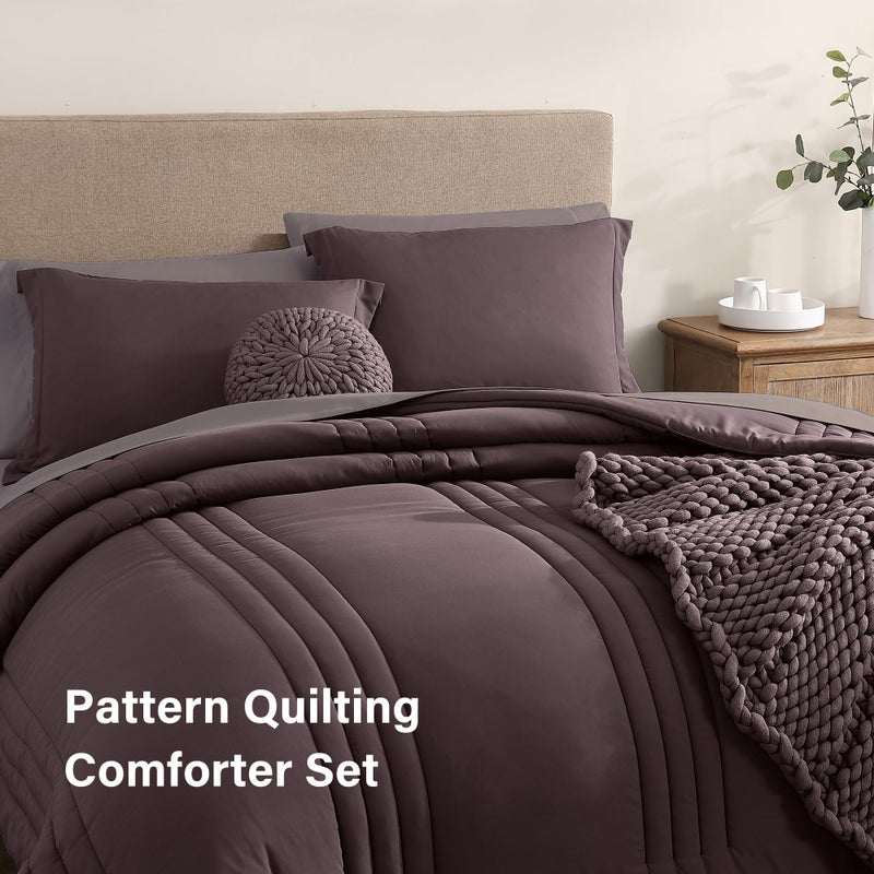Monbix Queen Comforter Set - 7 Pieces ltalian Plum Bed in a Bag Queen Bedding Sets with Comforters, All Seasons Comforter Bed Set with Sheets, Pillowcases & Shams - Image 4