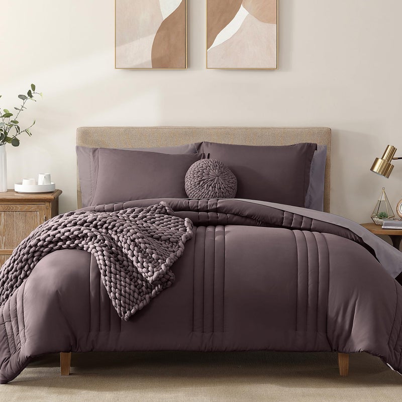 Monbix Queen Comforter Set - 7 Pieces ltalian Plum Bed in a Bag Queen Bedding Sets with Comforters, All Seasons Comforter Bed Set with Sheets, Pillowcases & Shams - Image 1