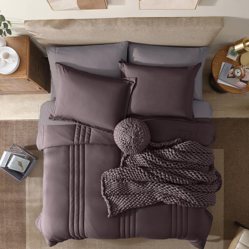 Monbix Queen Comforter Set - 7 Pieces ltalian Plum Bed in a Bag Queen Bedding Sets with Comforters, All Seasons Comforter Bed Set with Sheets, Pillowcases & Shams - Image 2