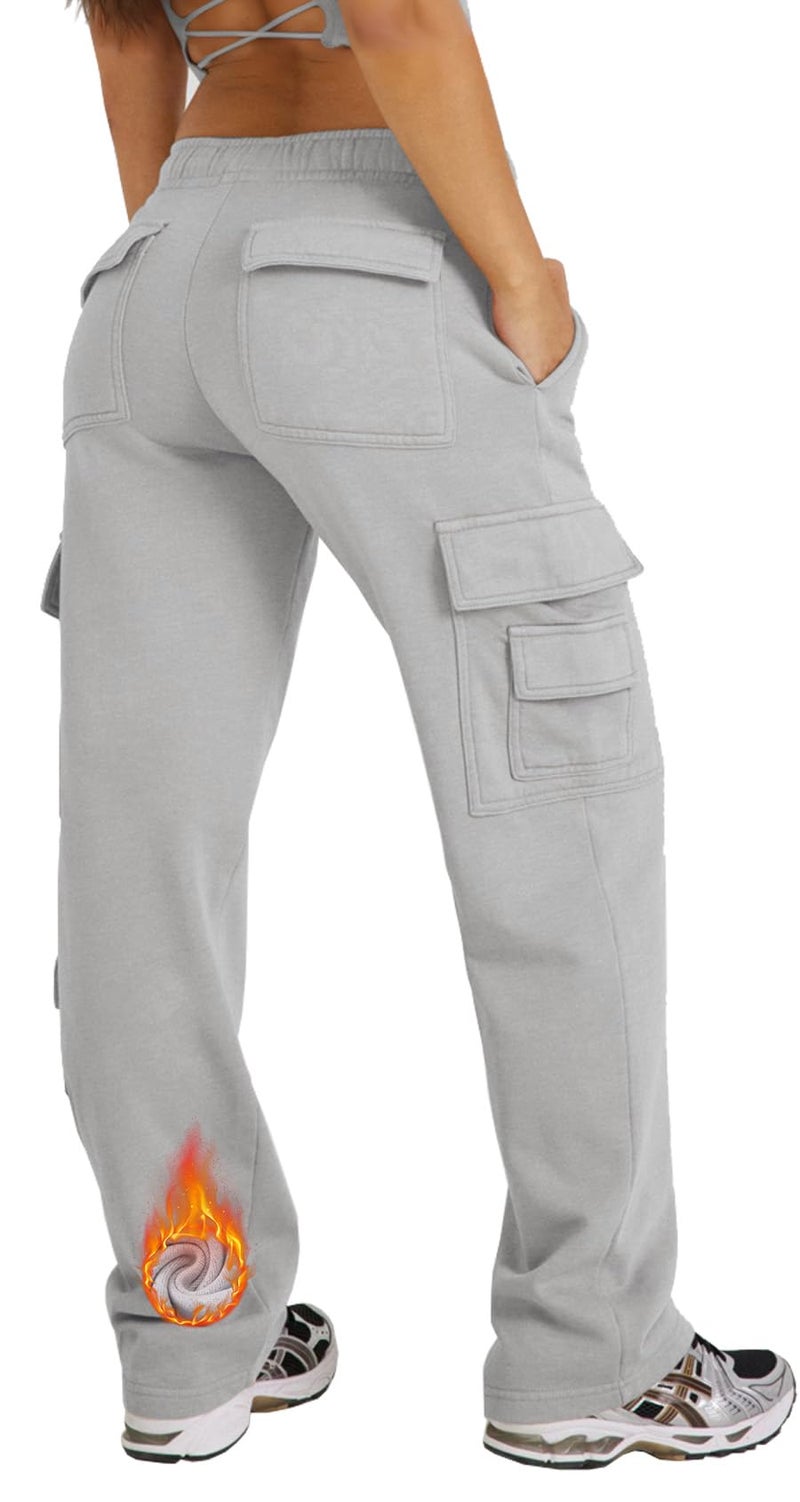 Waitfairy Cargo Sweatpants for Women - Straight Leg Fleece Lined Joggers Women Barrel Sweat Pants for Girls Y2k Clothes Light Grey L - Image 1