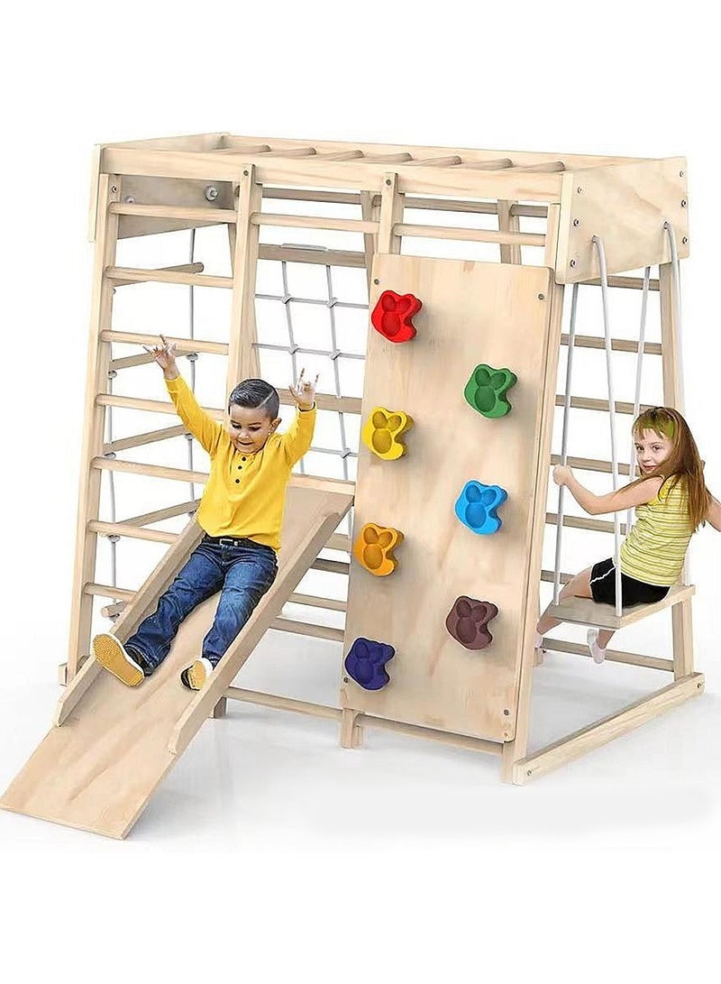 MaBaby Indoor Jungle Gym, 7 Functions Wooden Baby Toddler Climbing Toys Montessori Climber Playset for Kids with Slide, Climbing Rock, Climbing Net, Monkey Bars, Crawing Ladder, Rope Ladder and Swing - Image 1