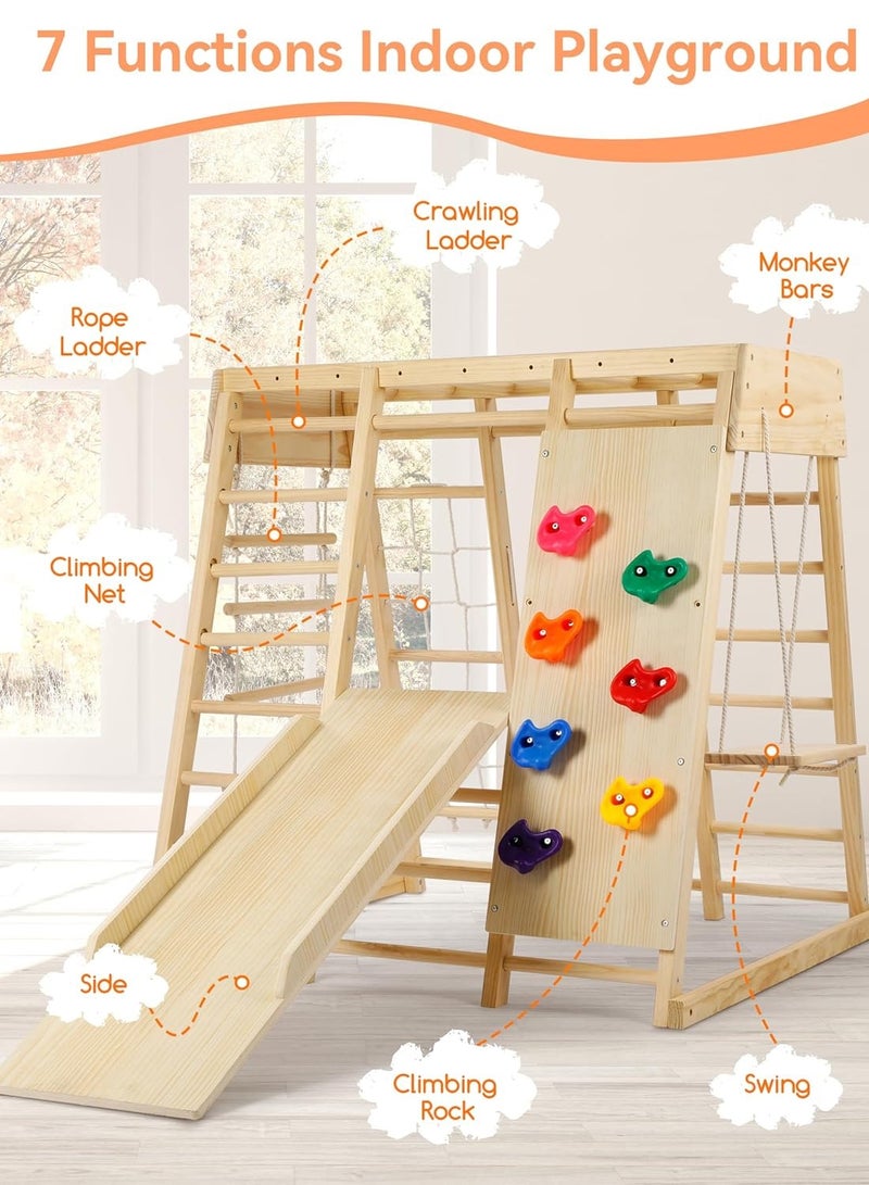 MaBaby Indoor Jungle Gym, 7 Functions Wooden Baby Toddler Climbing Toys Montessori Climber Playset for Kids with Slide, Climbing Rock, Climbing Net, Monkey Bars, Crawing Ladder, Rope Ladder and Swing - Image 2