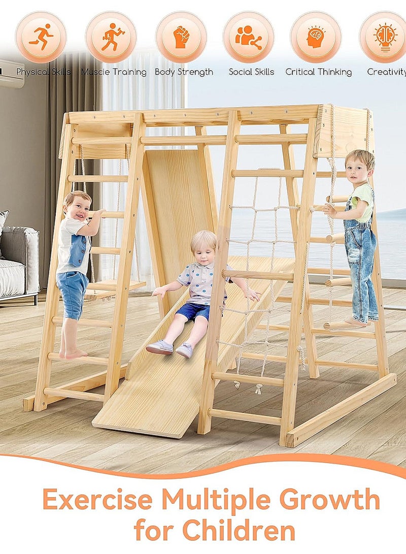MaBaby Indoor Jungle Gym, 7 Functions Wooden Baby Toddler Climbing Toys Montessori Climber Playset for Kids with Slide, Climbing Rock, Climbing Net, Monkey Bars, Crawing Ladder, Rope Ladder and Swing - Image 3