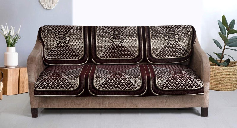 Nendle Velvet Chenille Fabric Sofa Cover Set of 5 Seater (Brown, 6 Pieces) - Image 3
