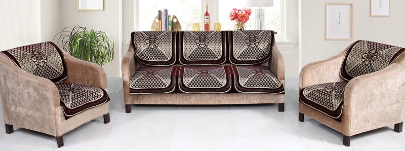 Nendle Velvet Chenille Fabric Sofa Cover Set of 5 Seater (Brown, 6 Pieces) - Image 2