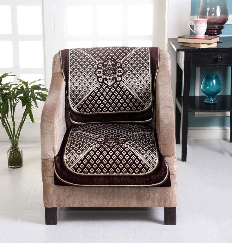 Nendle Velvet Chenille Fabric Sofa Cover Set of 5 Seater (Brown, 6 Pieces) - Image 1