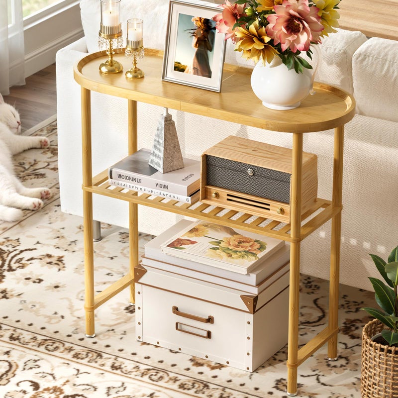 Atoping Small Entryway Table Bamboo 30.7", Narrow Hallway Table Oval Top 2-tier, Slim Console Table with Anti-fall Edge, Sofa Side Table 5min Easy Assembly, Small TV Stand for Bedroom, Indoor Plant Stand - Image 1