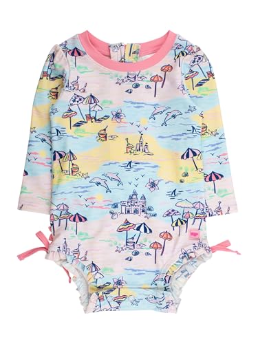 RuffleButts Baby Girls UPF 50 Sun Protection Tropical Print Long Sleeve One Piece Rash Guard Swimsuit with Zipper Beach Day 3T - Image 1