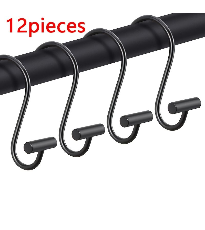 أسود 12 قطعة حلقات ستارة حمام معدنية مقاومة للصدأ بتصميم T-shape - Image 1