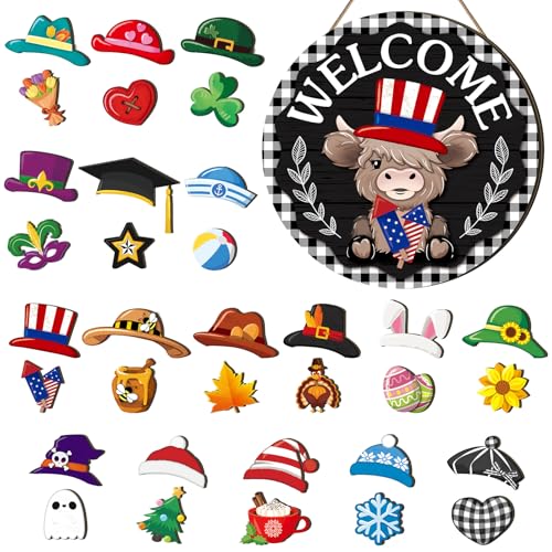 Vicenpal 35 Pcs Patriotic Interchangeable Highland Cow Welcome Sign Highland Cow Seasonal Wooden Hanging Door Decor 4th of July Farmhouse Hanging Sign for Graduation Party Decor - Image 1