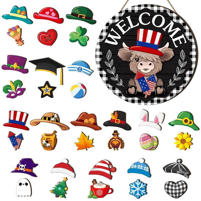 Vicenpal 35 Pcs Patriotic Interchangeable Highland Cow Welcome Sign Highland Cow Seasonal Wooden Hanging Door Decor 4th of July Farmhouse Hanging Sign for Graduation Party Decor - Image 2