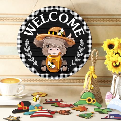Vicenpal 35 Pcs Patriotic Interchangeable Highland Cow Welcome Sign Highland Cow Seasonal Wooden Hanging Door Decor 4th of July Farmhouse Hanging Sign for Graduation Party Decor - Image 3