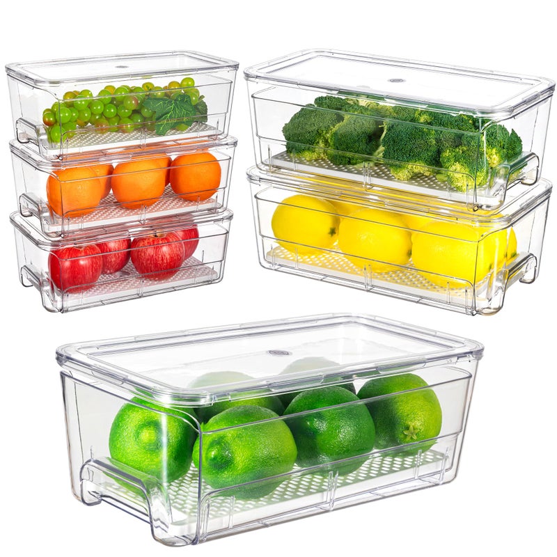 Imncya 6 Pack Stackable Pull-Out Fridge Organizer Drawers, Clear Refrigerator Drawer with Lids, Fridge Stackable Storage Drawers for Veggies, Fruits, Food Storage and Organizer - Image 1
