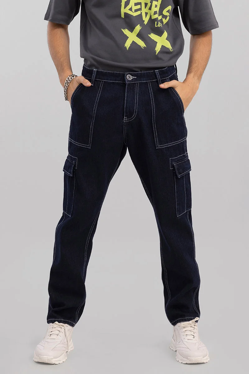 سنيتش Navy Solid Wide Leg Streetwear Jeans