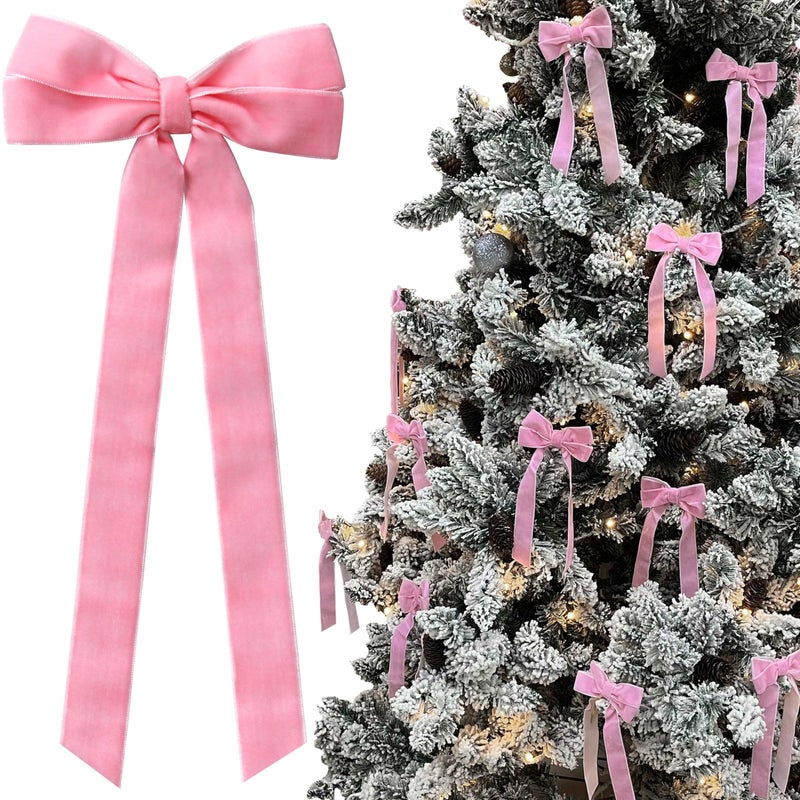 12Pcs Pink Velvet Bows Christmas Tree Decorations5in x 10in Valentines Day Ornaments for Tree Home Coquette Room Birthday Party Front Door Wedding Holiday Decor