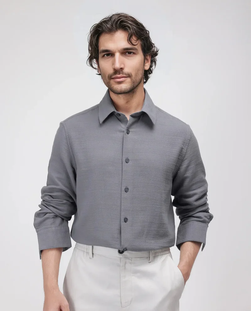 Rare Rabbit Rare Rabbit Men's Enim Dark Grey Cotton Fabric Full Sleeve Spread Collar Button Closure Plain Shirt