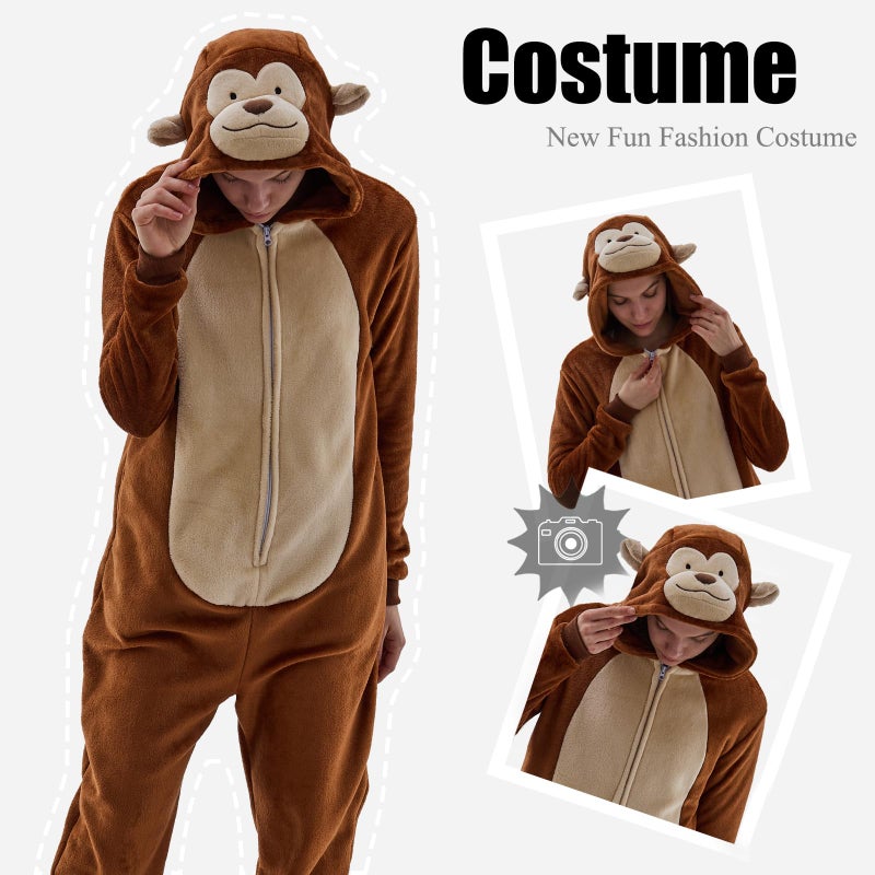 JUOLOET Unisex Adult Onesie Pajamas Monkey Animal One Piece Snug Fit Halloween Costume Sleepwear Homewear ï¼ˆMonkey,Largeï¼‰ - Image 4