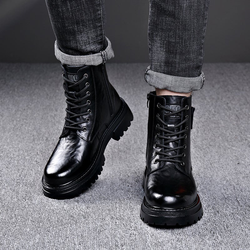 Genuine Leather Martin Boots High-Top British Retro Trendy Casual Soft Leather Boots Fleece-Lined Thick Bottom Side Zipper Overalls Boots - Image 5
